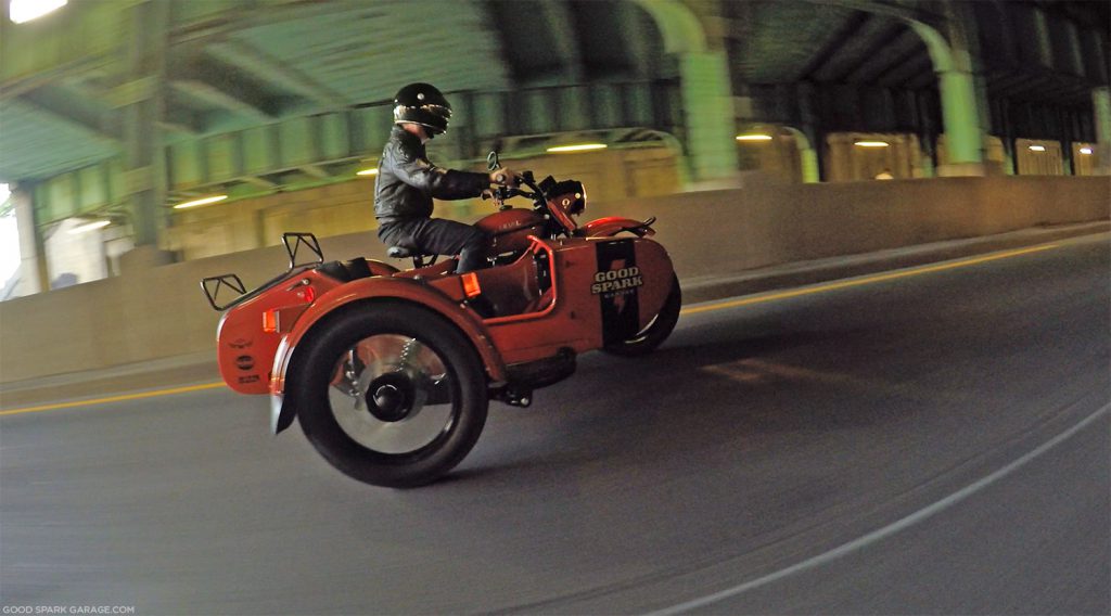 Corey riding the GSG Ural Sidecare motorcycle